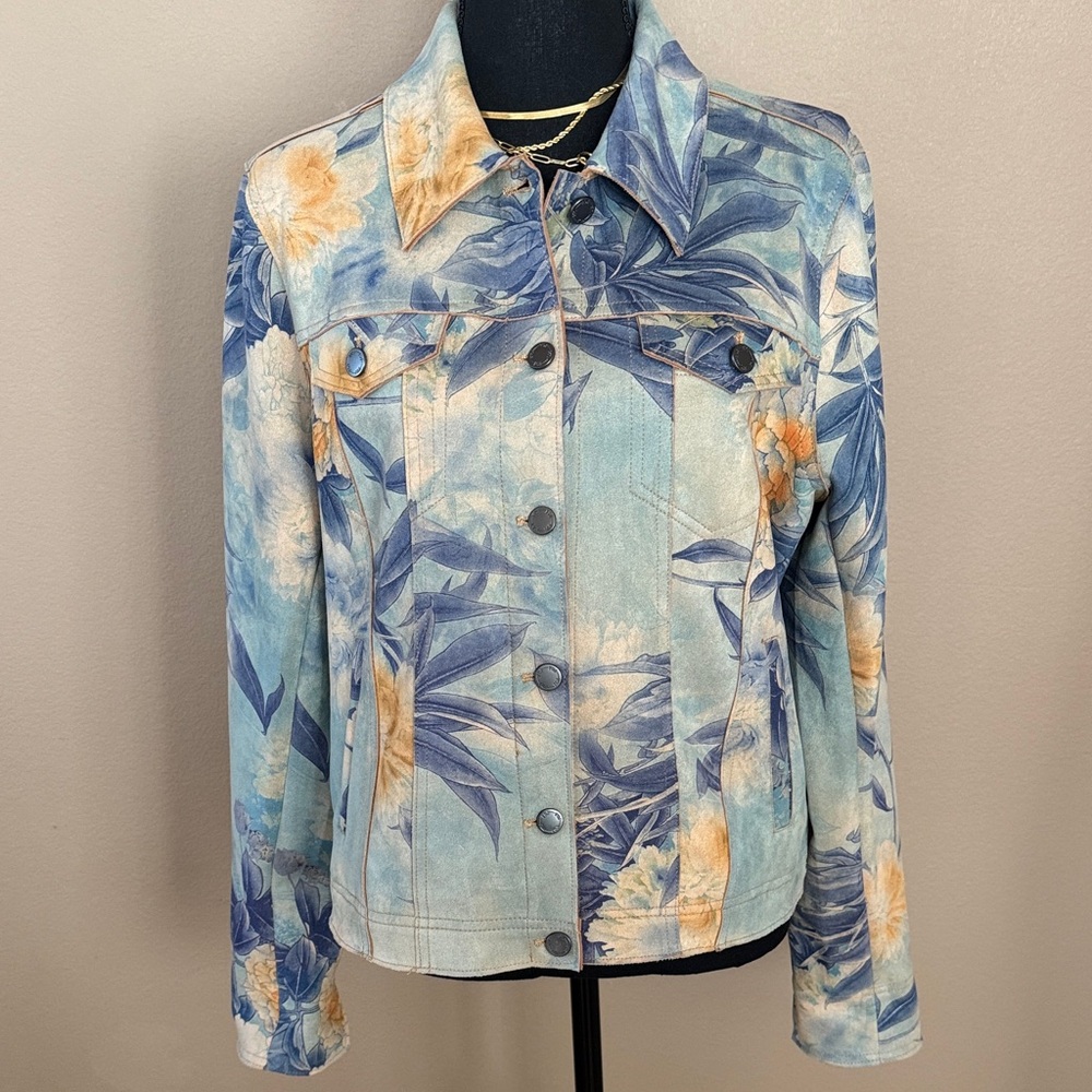 Floral Print SuedeJacket in Blue and Orange